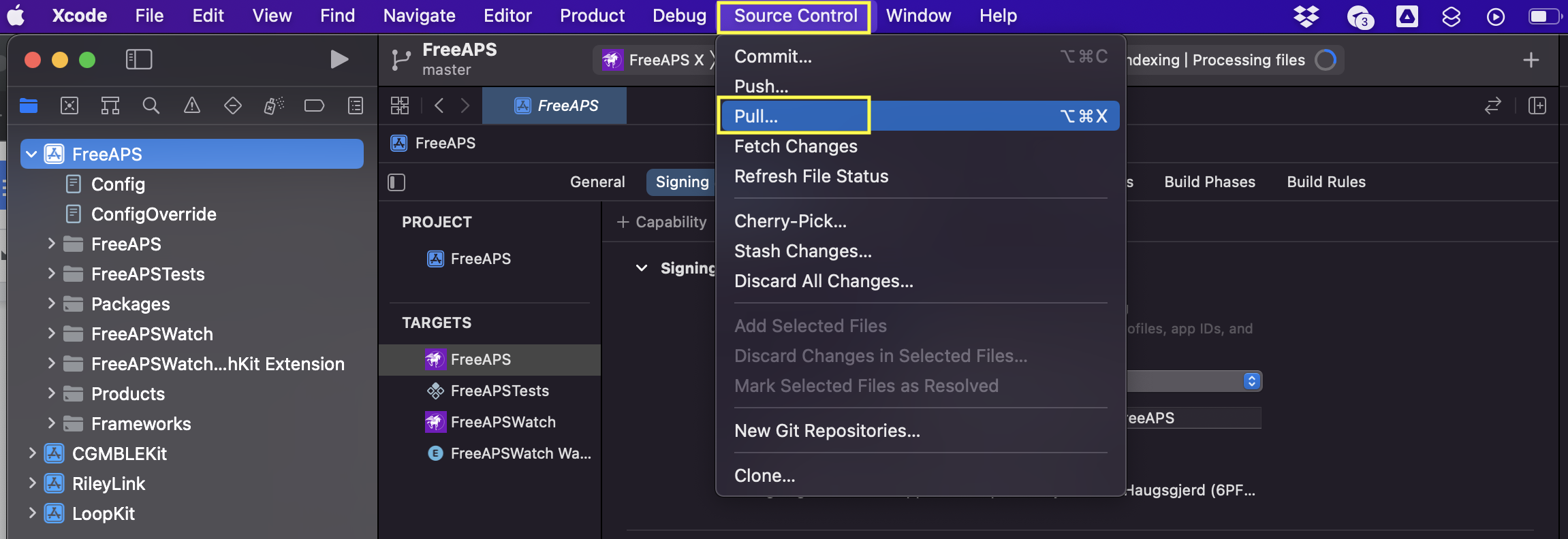 open the pull dialog